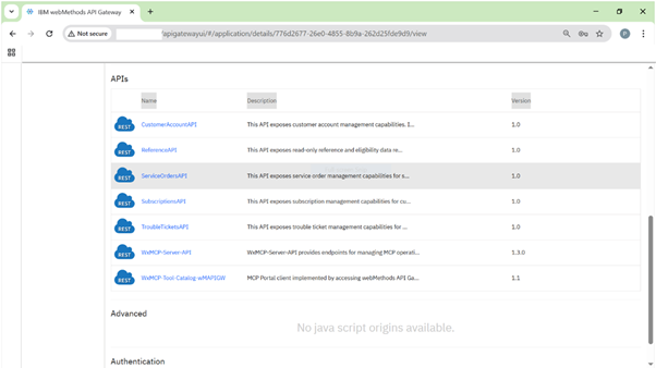 API's published and secured through IBM weMethods API Gateway